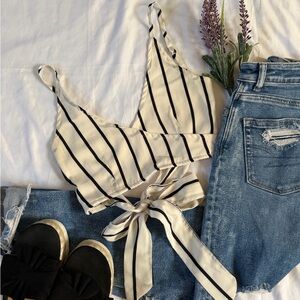 Striped Cream and Black Wrap Top